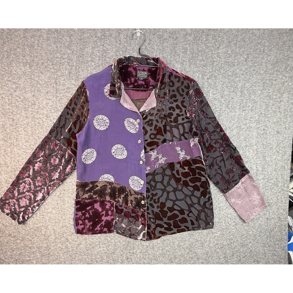 Citron Santa Monica Silk Velvet Burnout Patchwork Blouse Boho M - Picture 2 of 10